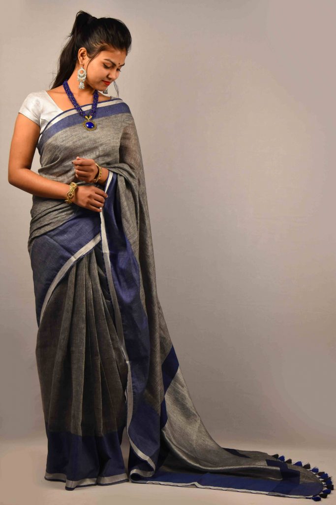 Grey Color Pure Linen Saree MS Handloom