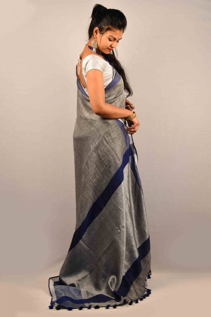 Grey Color Pure Linen Saree Ms Handloom