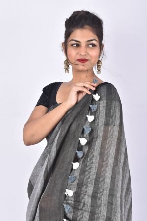 Grey Color Pure Linen Saree Ms Handloom