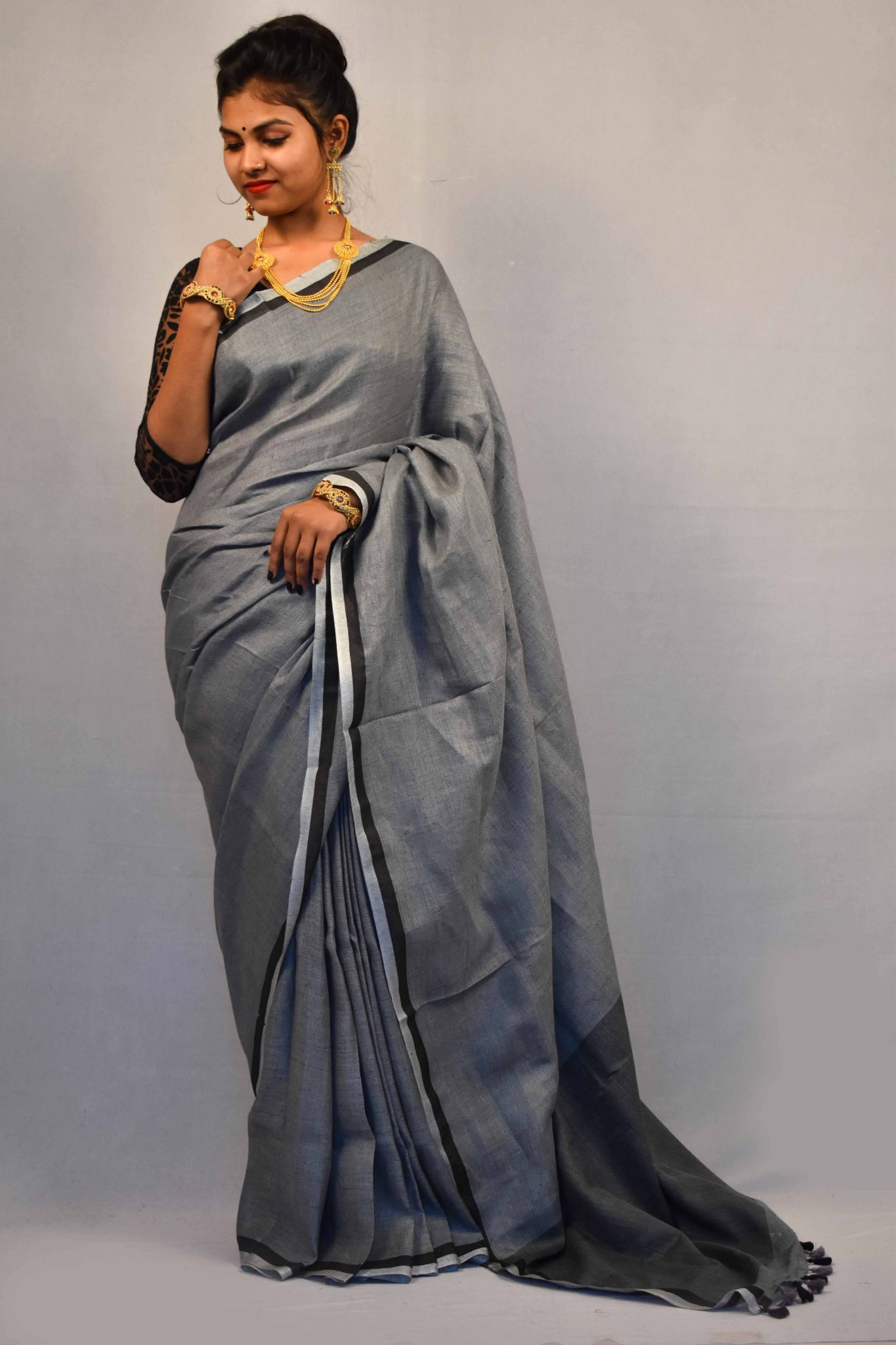 Grey Color Pure Linen Saree MS Handloom