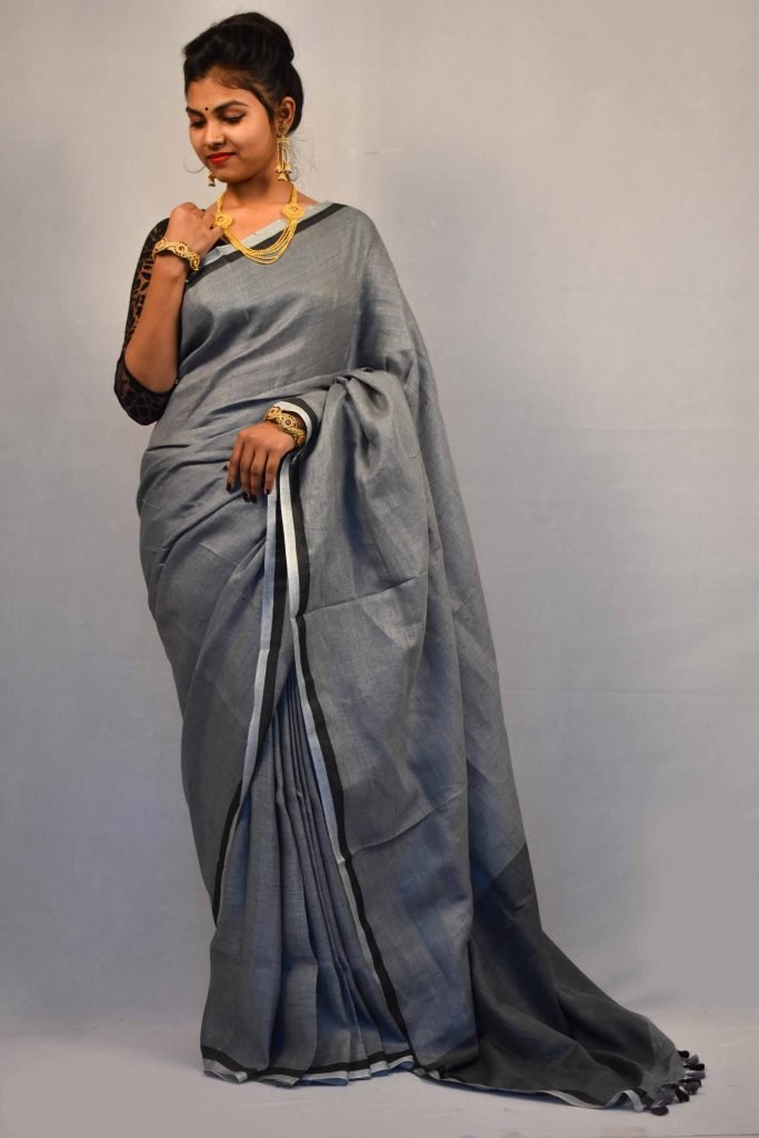 Grey Color Pure Linen Saree Ms Handloom