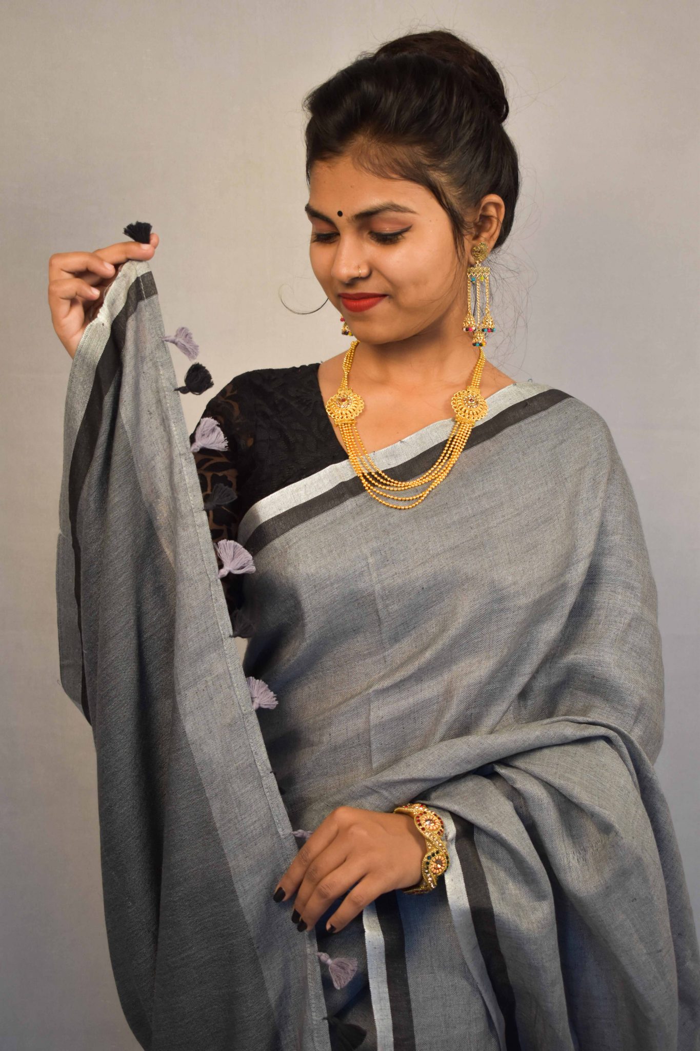 Grey Color Pure Linen Saree MS Handloom