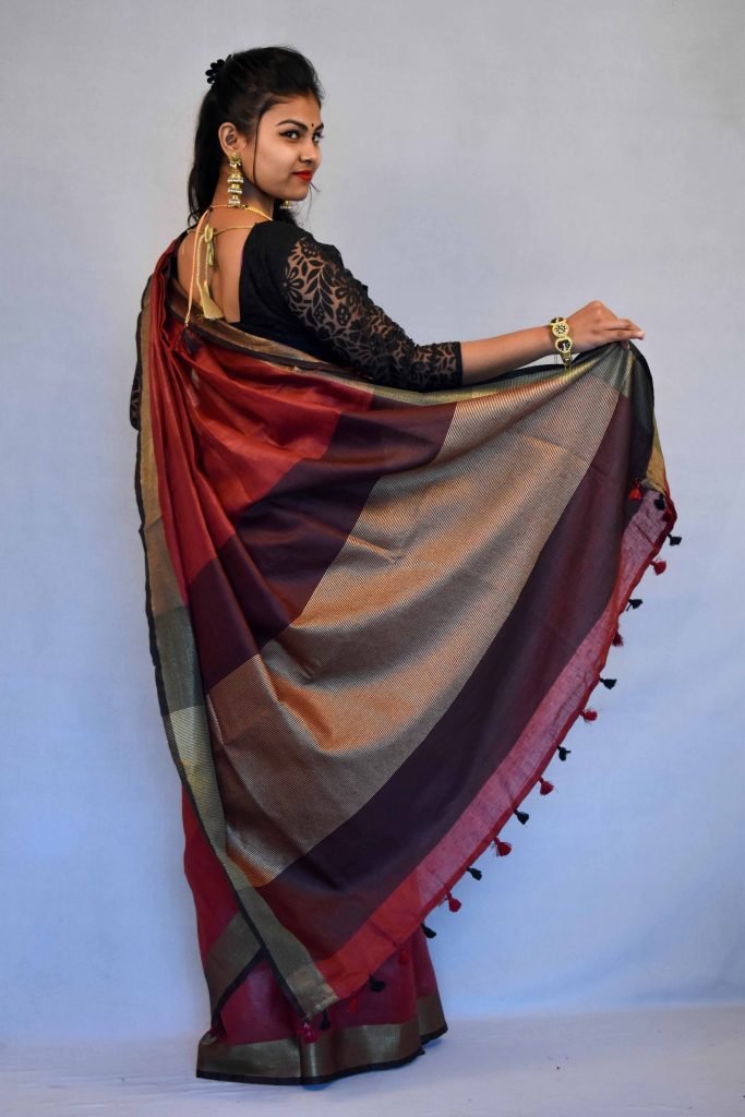 Brown Color Pure Linen Saree MS Handloom