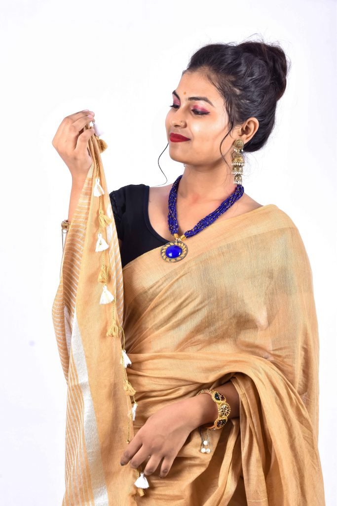 Linen Saree in Golden - SR17481