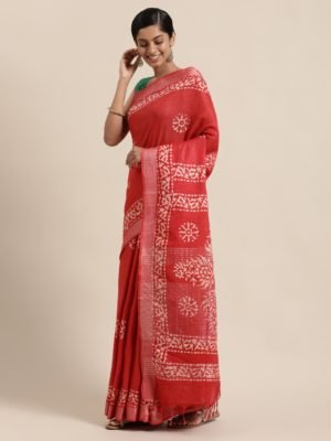 Buy online Pure Linen Batik Printed saree - Red-AF2133