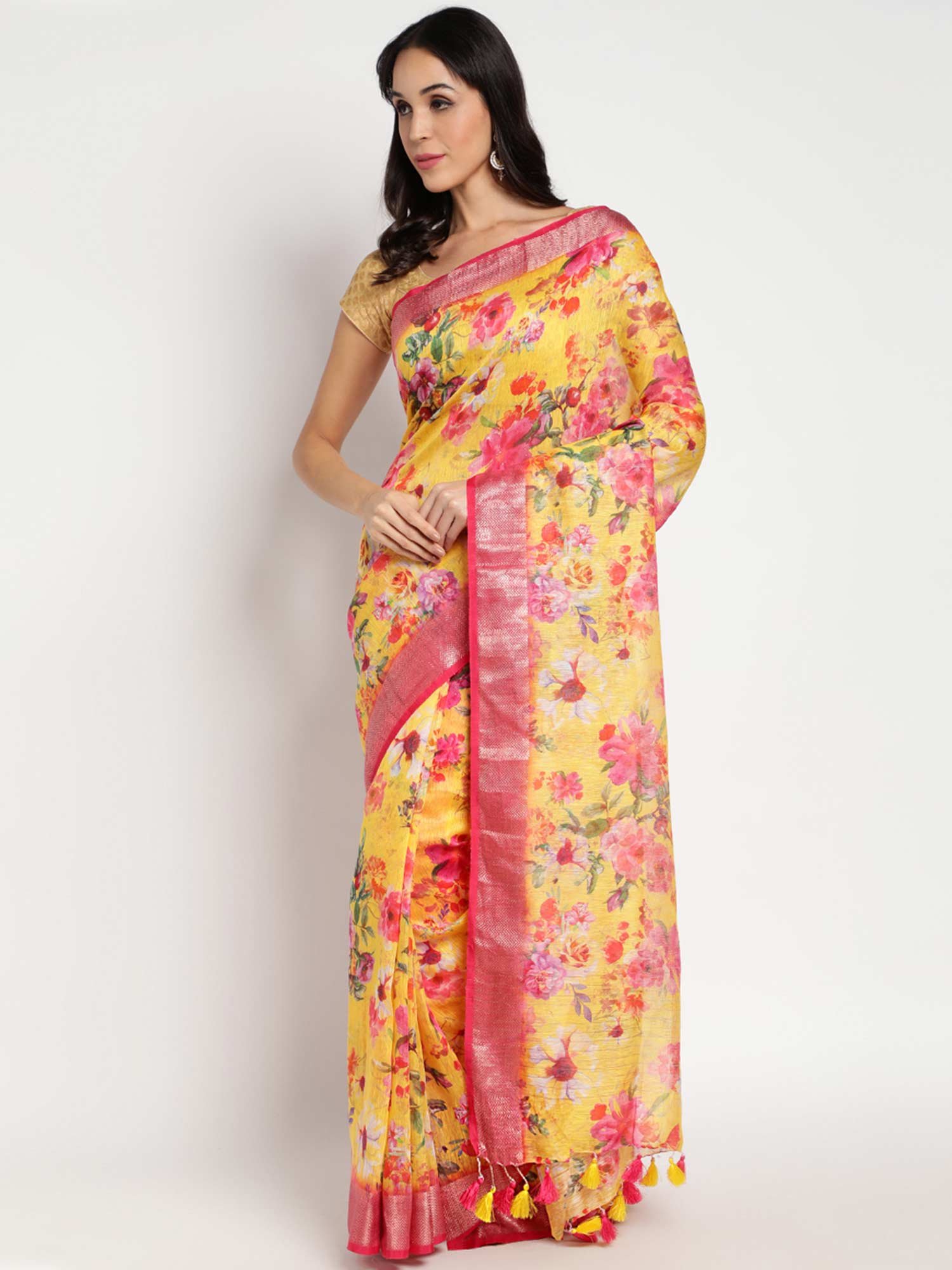 Buy Shayri Women's Floral Digital Print Linen Saree With Unstiched Blouse  Piece (Baby Pink) at Amazon.in